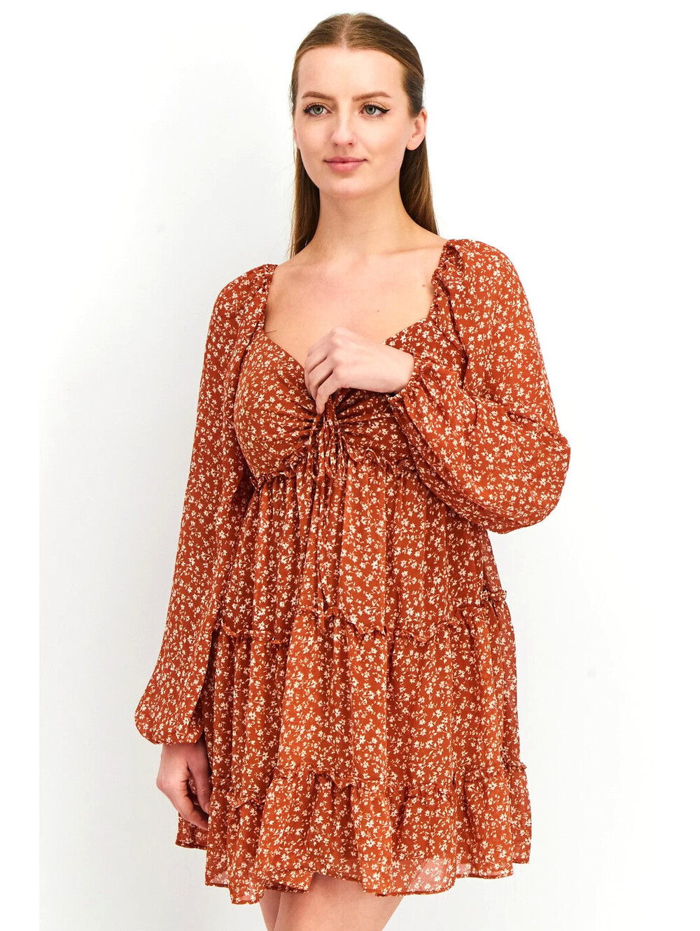 Forever 21 Women Floral Long Sleeve Chiffon Dress Rust Cream S Small